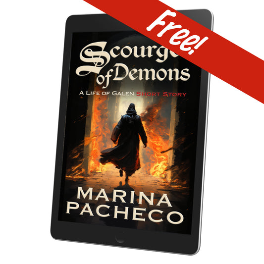 E-reader displaying the cover of 'Scourge of Demons' by Marina Pacheco with a 'Free!' label.