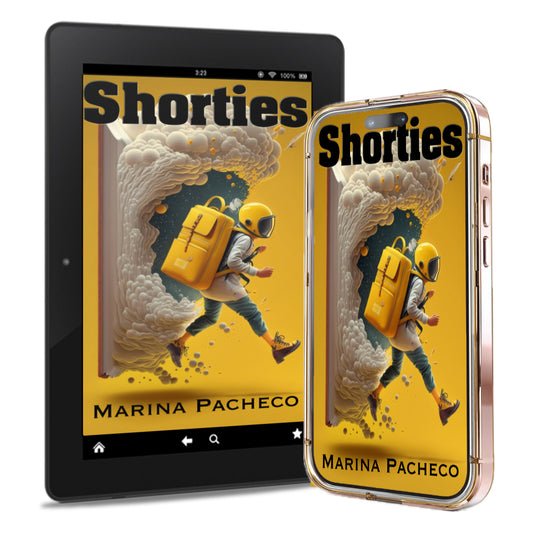 Tablet and phone displaying the 'Shorties' book cover by Marina Pacheco, a collection of short stories in a range of genres and styles.