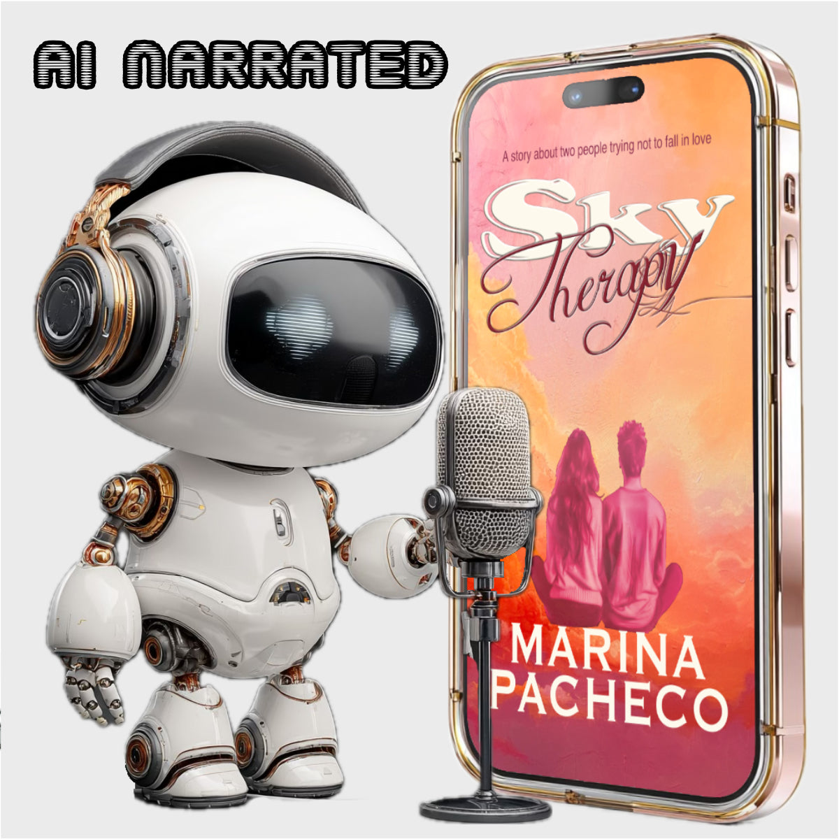 Robotic character with a microphone next to a phone displaying 'Sky Therapy' by Marina Pacheco