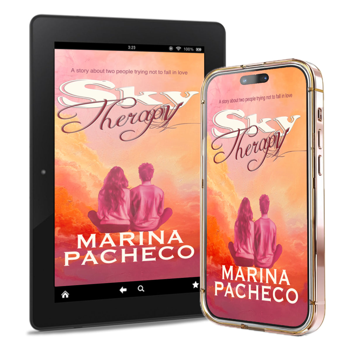 Tablet and smartphone displaying the book cover of 'Sky Therapy' by Marina Pacheco on a white background. A contemporary, clean romance set in London