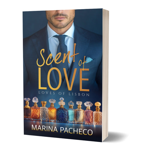 3D Book cover of 'Scent of Love' by Marina Pacheco with a man in a suit and perfume bottles.