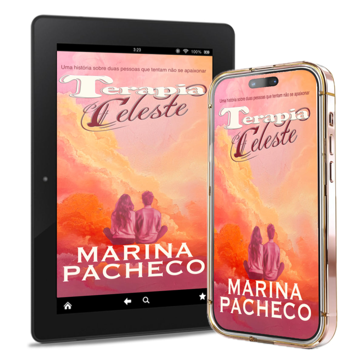 Tablet and phone displaying the book cover of 'Terapia Celeste' by Marina Pacheco, Brazilian Portuguese, contemporary romance set in London